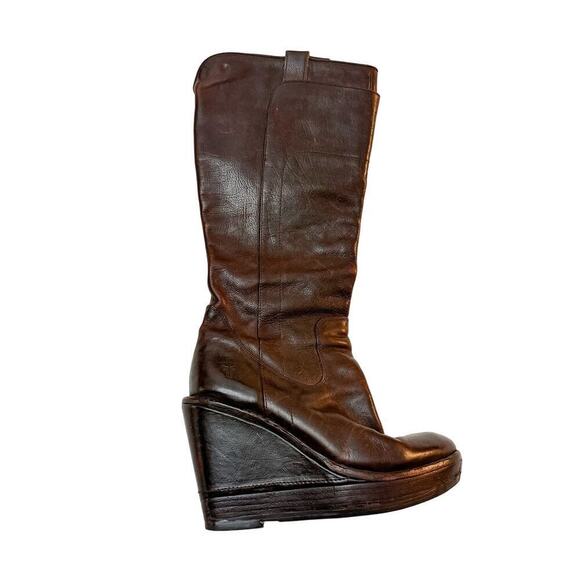 Frye Paige Wedge Chocolate Brown Knee High Boots Brown Size 6 MINT - Picture 1 of 6